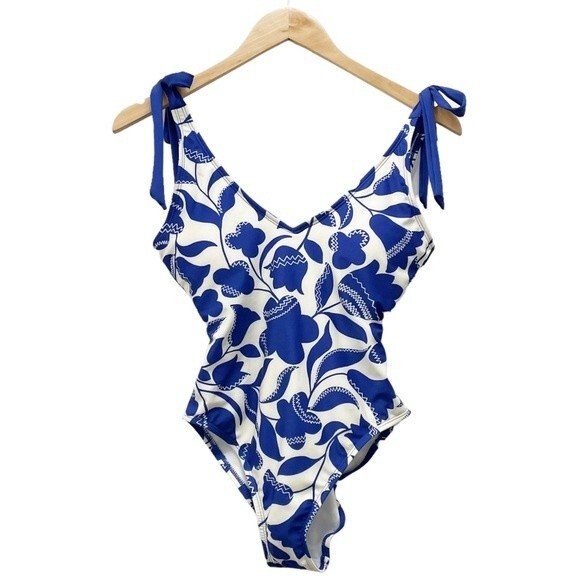 NWT Kate Spade Zigzag Floral Bow-Strap V-neck One-Piece Swimsuit Size Medium NEW - Picture 2 of 14